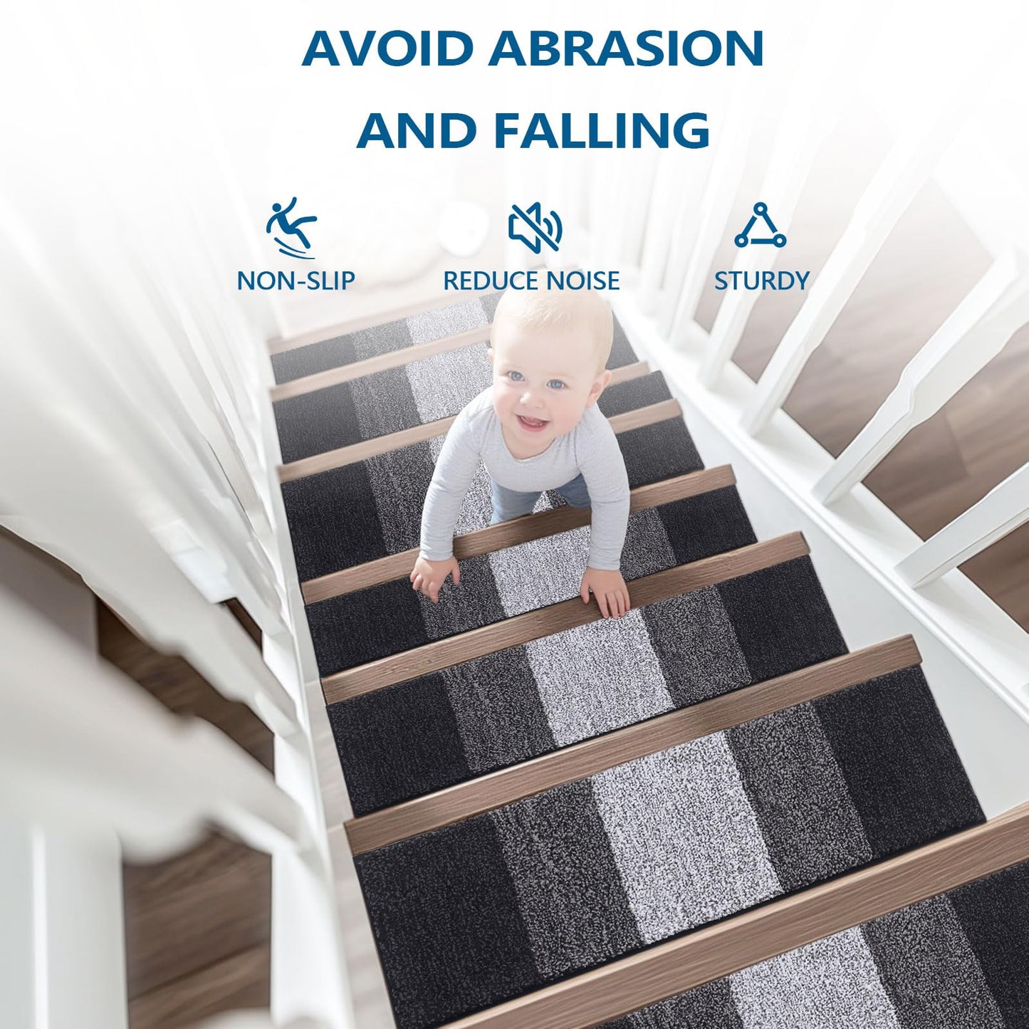 OLANLY Stair Treads Non Slip 10PCS, 8" x 30" Indoor Stair Runners for Wooden Steps, Edging Stair Rugs with Reusable Peel and Stick Adhesive for Kids Elders and Pets, Black