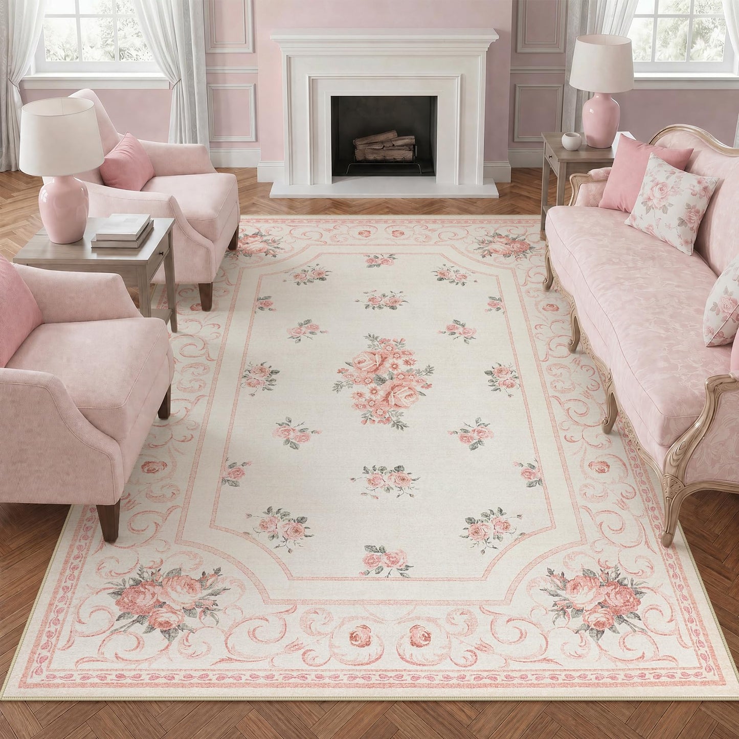 Tribesigns Boho Floral Pink 8 x 10 Area Rug for Girls Bedroom, Soft Washable Nursery Living Room Rugs, Border Large Non-Slip Low Pile French Carpet for Dorm Kids Dining Playroom, Beige/8x10