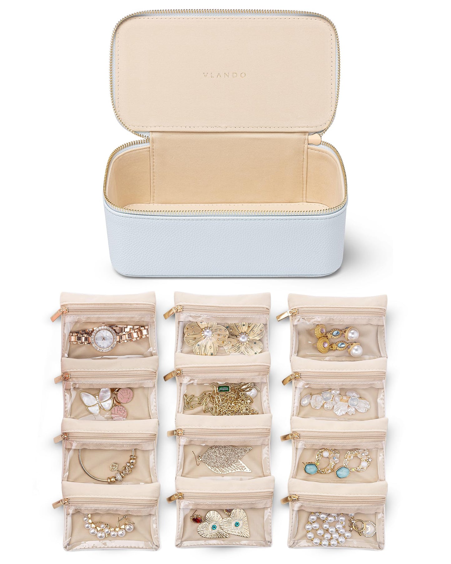 Vlando Jewelry Travel Case,Travel Jewelry Organizer with Clear Velvet Jewelry Bags 12Pcs Zipper Pouch for Women Girls-Baby Blue
