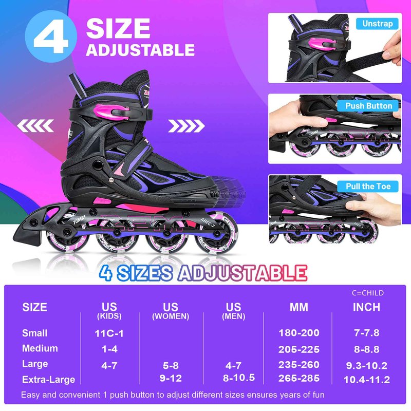 2PM SPORTS Vinal Girls Adjustable Inline Skates with Light up Wheels Beginner Skates Fun Illuminating Roller Skates for Kids Boys and Ladies… (Violet & Magenta, Large - Youth (4Y-7Y US))