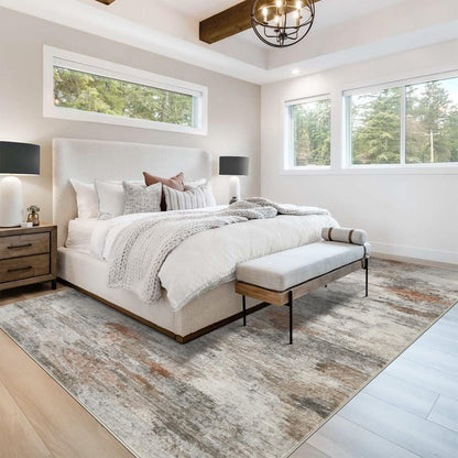 Boraya Area Rugs for Living Room: 8x10 Washable Neutral Modern Rug for Bedroom Large Soft Abstract Dining Room Rugs Indoor Floor Low Pile Carpet for Home Office Nursery - Rust Grey