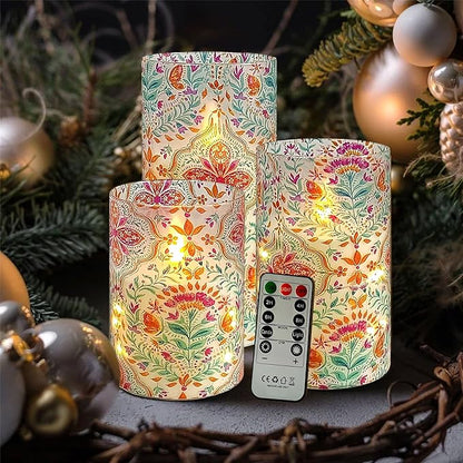 Printed Flameless Candles with String Lights - Set of 3 Colorful Battery Operated Candle Flickering Floral LED Pillar Candles with Timer Remote for Home Decor Romantic Ambiance,BFLY
