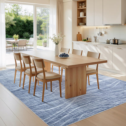 WITSHOCK 9x12 Area Rug, Washable Rugs for Living Room, Large Rug Thin Carpet Non Slip Stain Resistant Soft Carpets, Modern Wave Striped Rugs for Bedroom Dining Room Office Kitchen Nursery, Blue