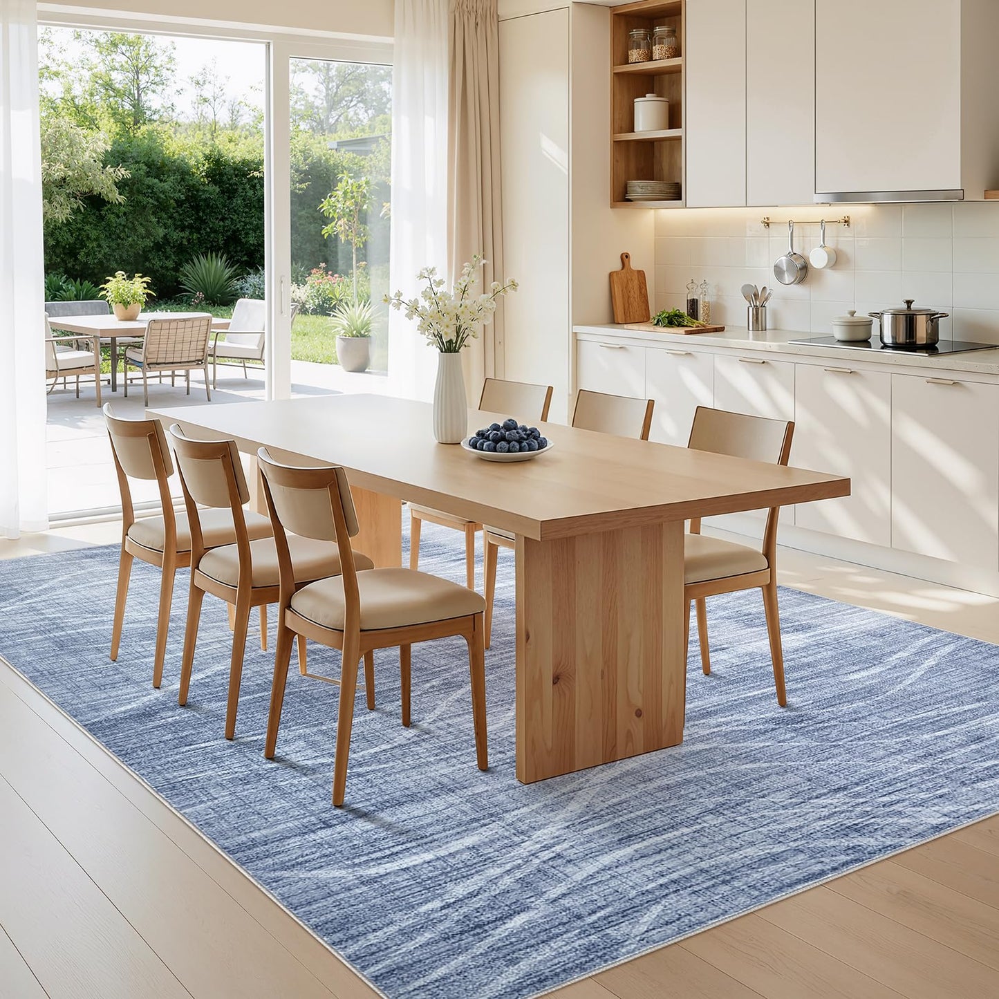 WITSHOCK 5x7 Area Rug for Living Room, Washable Rugs for Bedroom Kitchen Nursery Dining Room Office, Modern Wave Striped Rugs, Soft Thin Carpet Non Slip Low Pile for Home Decor, Blue