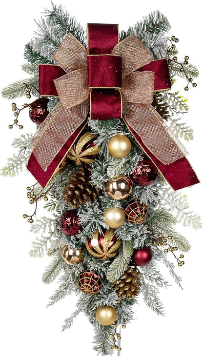 30" Christmas Teardrop Swag for Front Door Artificial Winter Swag Garland with Pine Cones, Berry Clusters, Burgundy Ball Ornaments and Ribbons for Thanksgiving Holiday Christmas Decoration