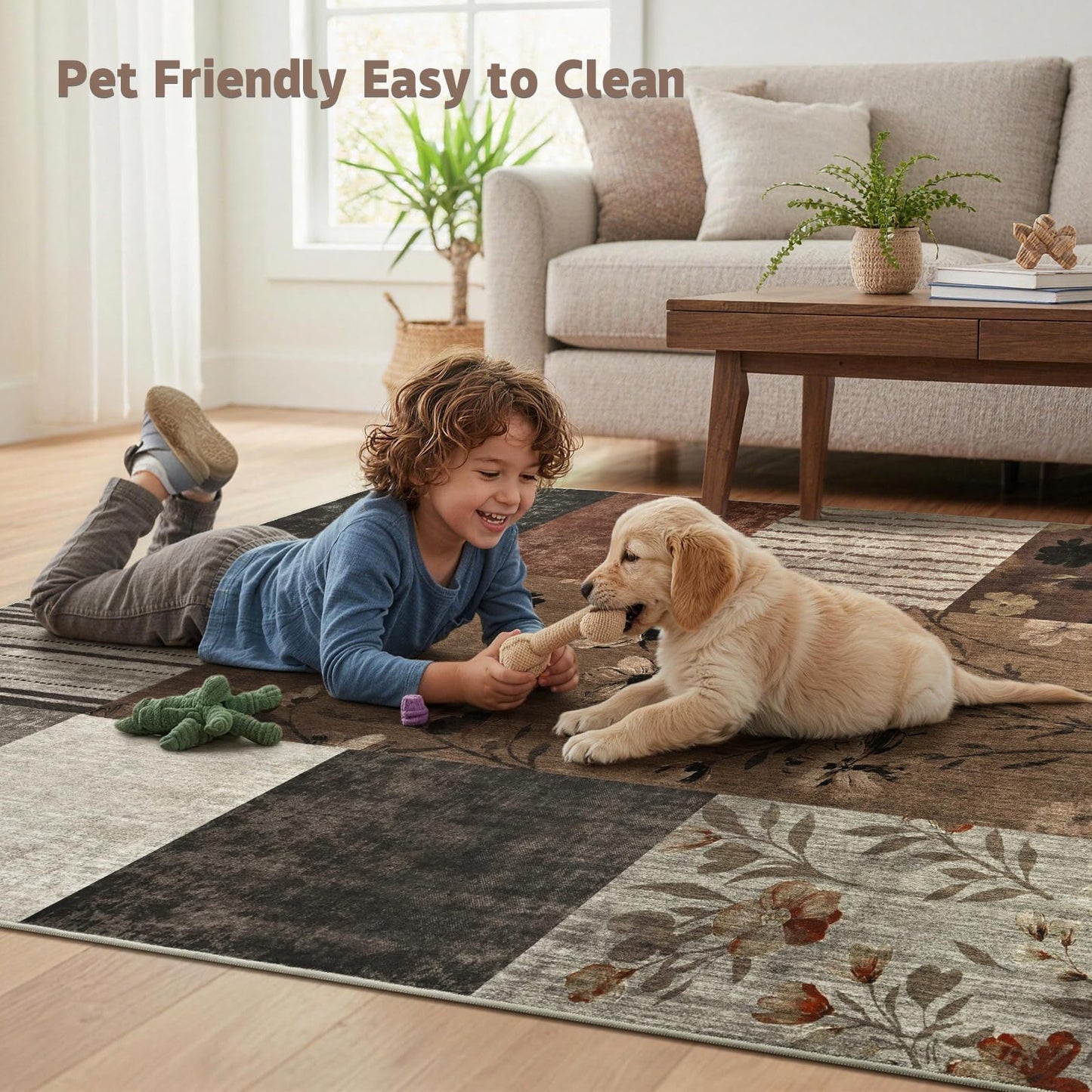 DweIke Area Rugs 4'x6' Washable Brown Rug for Living Room, Non-Slip Modern Geometric Patchwork Stain Resistant Indoor Throw Carpet for Bedroom Dining Room Farmhouse Office Decor
