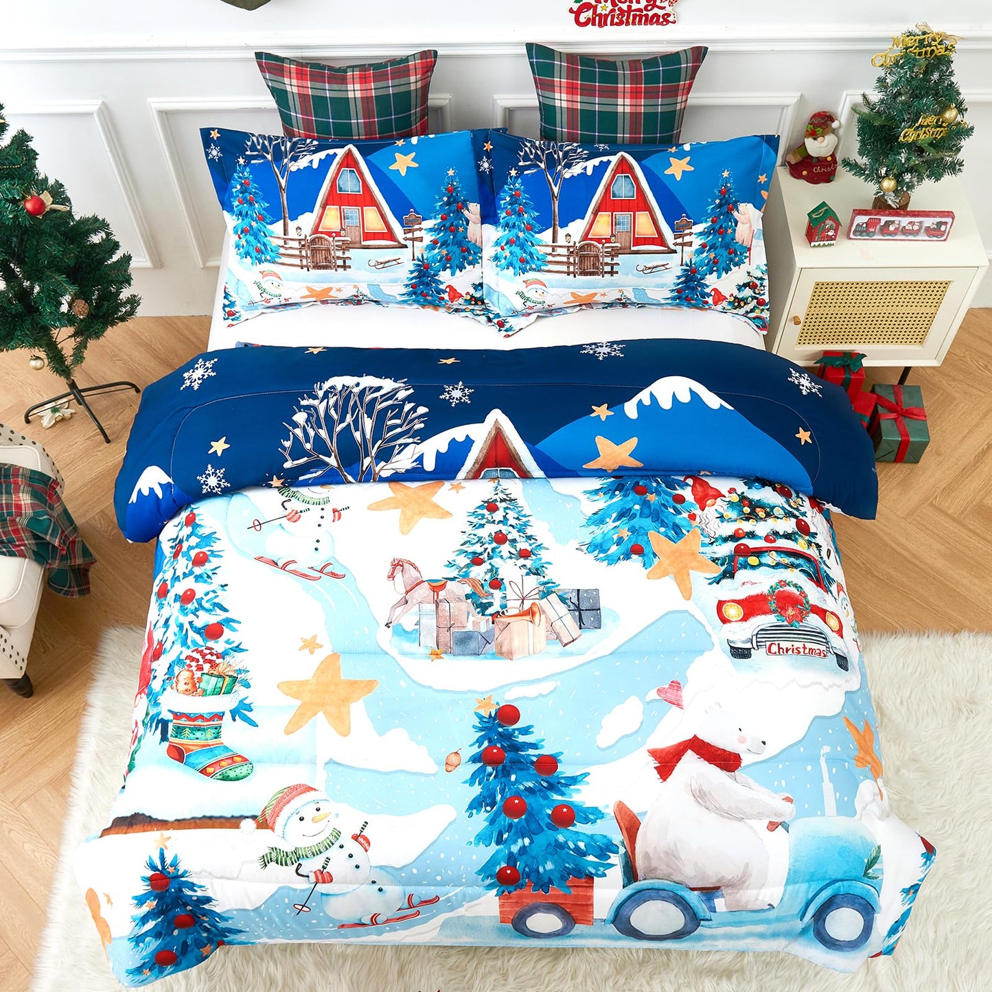 YIYEA Christmas Queen Comforter Set for Girls Boys, Cute Kids Comforter with 2 Pillowcase, Ultra Soft Brushed Microfiber Christmas Bedding Comforter Sets, Suit for All Season, Machine Washable