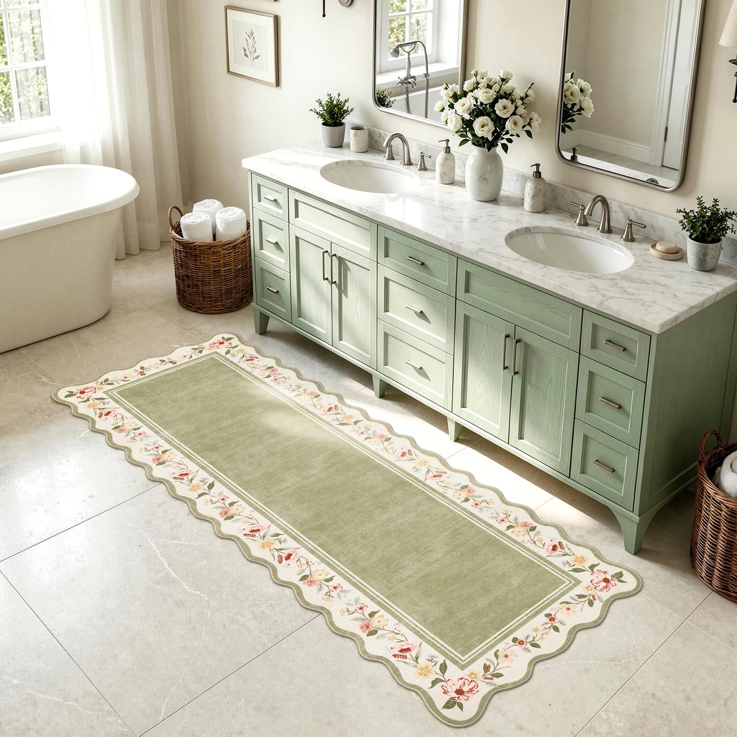 Lahome Floral 2'x 6' Washable Kitchen Runner Rug, Green Rug Runners for Hallways Non Slip, Scalloped Runner Rug Ultra-Thin Stain Resistant Boho Carpet for Entryway Bathroom Bedroom Ariele（Green，2x6ft）