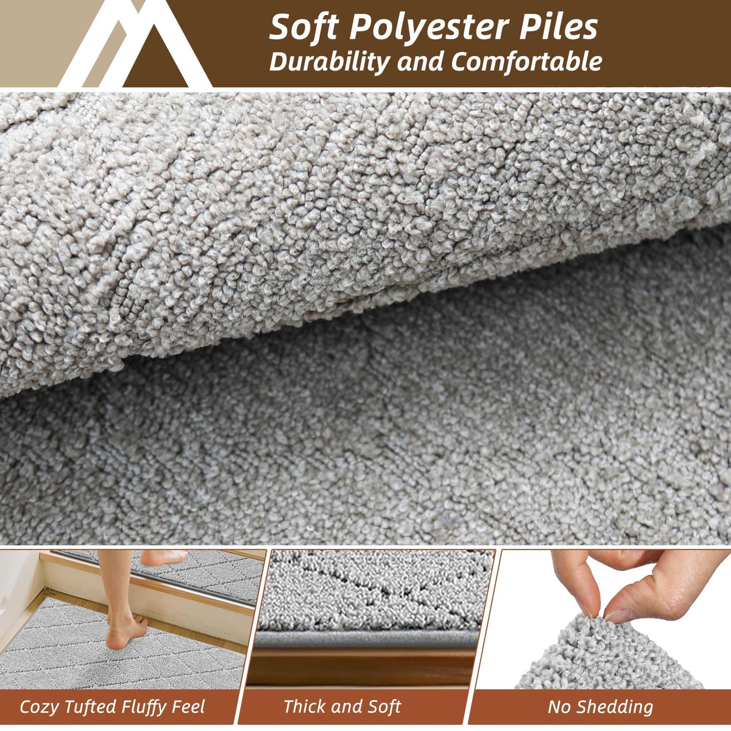 COSY HOMEER Edging Stair Treads Non-Slip Corner Indoor Stair Runners for Wooden Steps,Landing Slip Resistant Stair Rugs Mat for Kids and Dogs,100% Polyester TPE Backing,Grey,30x30 inch