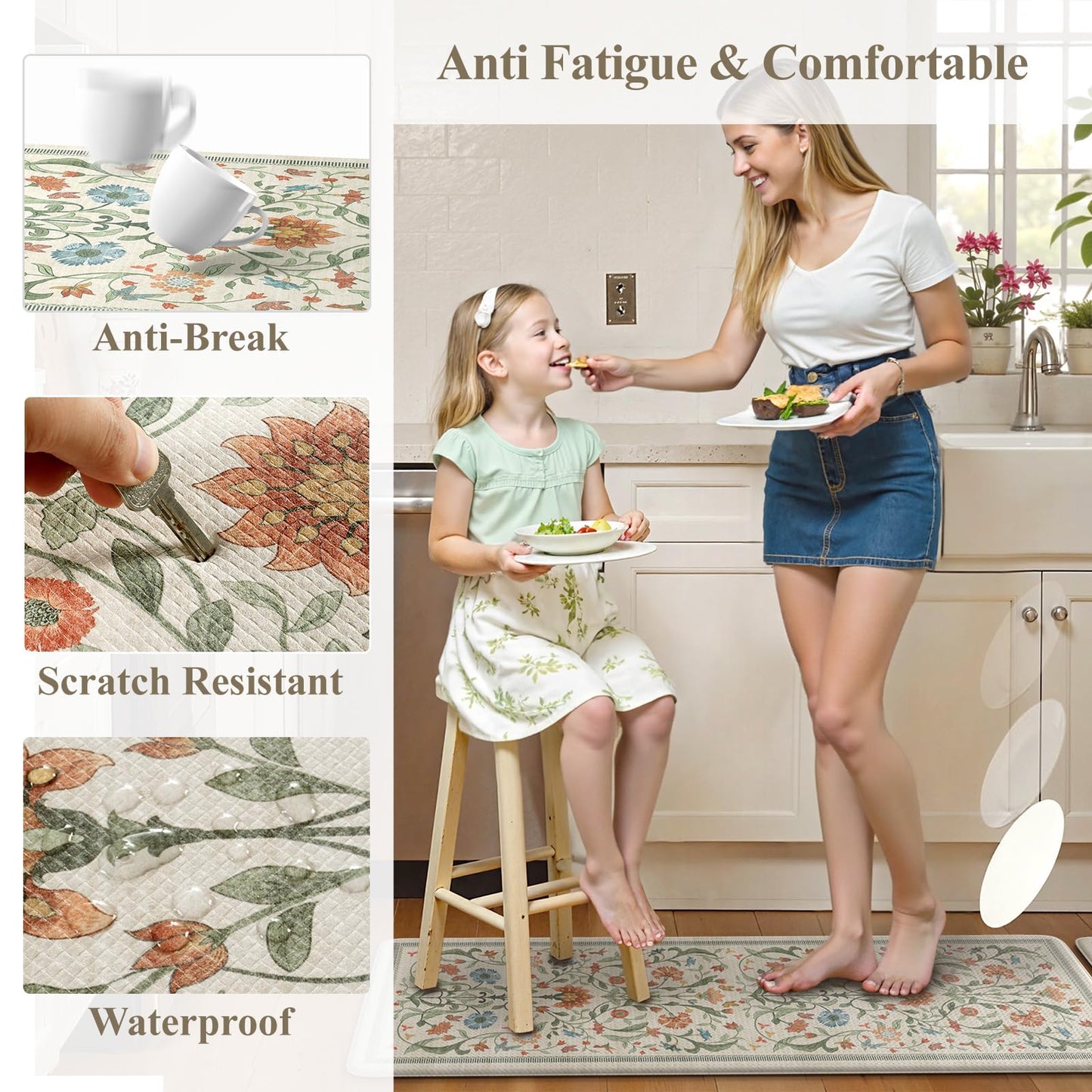 Collive Kitchen Mats for Floor, Cushioned Anti Fatigue Mat Floral Rugs 2 Piece Non Skid Waterproof Sink Rug, Memory Foam Comfort Standing Mat for Office, Laundry, Desk, 17.3"x29"+17.3"x47", Beige