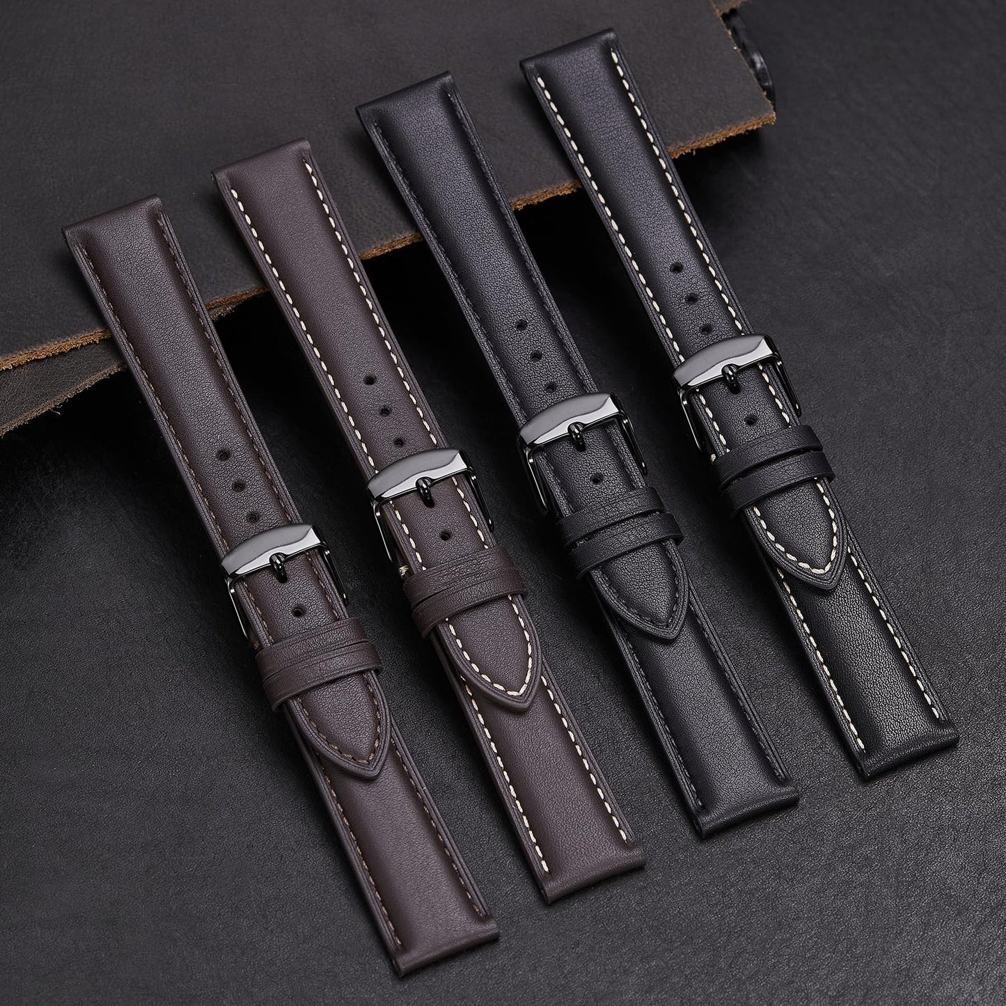 Afany Leather Watch Band 19mm for Men and Women, Quick Release Watch Strap, Black Replacement Watchband