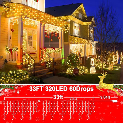 50FT 480 LED Christmas Lights Outdoor Decorations with 90 Drops Timer 8Mode Curtain String Lights Waterproof Plug in Fairy Lights for Indoor,Xmas,Party,Patio,Window,Fence,Trees Decor(Warm White)