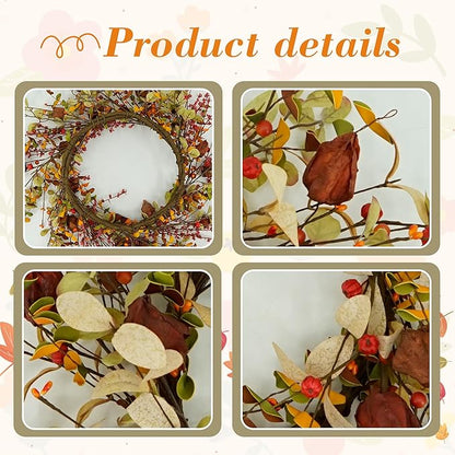 YNYLCHMX 18" Fall Wreaths for Front Door, Artificial Autumn Wreath, Fall Wreath with Eucalyptus Leaves and Berries for Home Porch Window Wall Farmhouse Decor, Indoor Outdoor, Holiday Decor