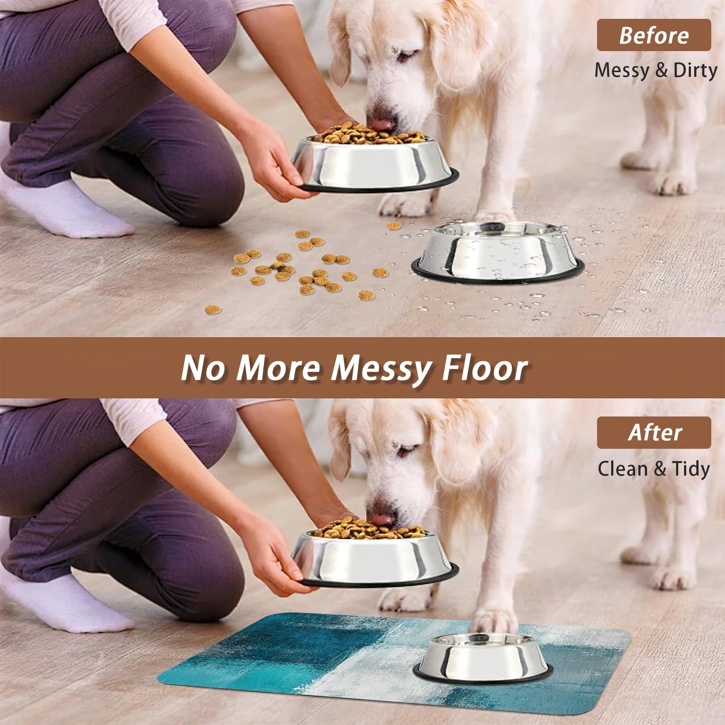 Turquoise Grey Dog Cat Food Mat,Teal Modern Art Absorbent Pet Feeding Mat for Food and Water,Non-Slip Dog Bowl Mats Floor Protector 16"x24"