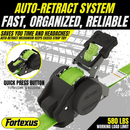 Fortexus Retractable Ratchet Straps,1'' x 12' Tie Downs Automatic Retractable Ratchet Straps 1760lb Break Strength for Trailer,Motorcycle,Scooter,Pickup Truck,UTV,Kayak(Neon Green,4 Pack)