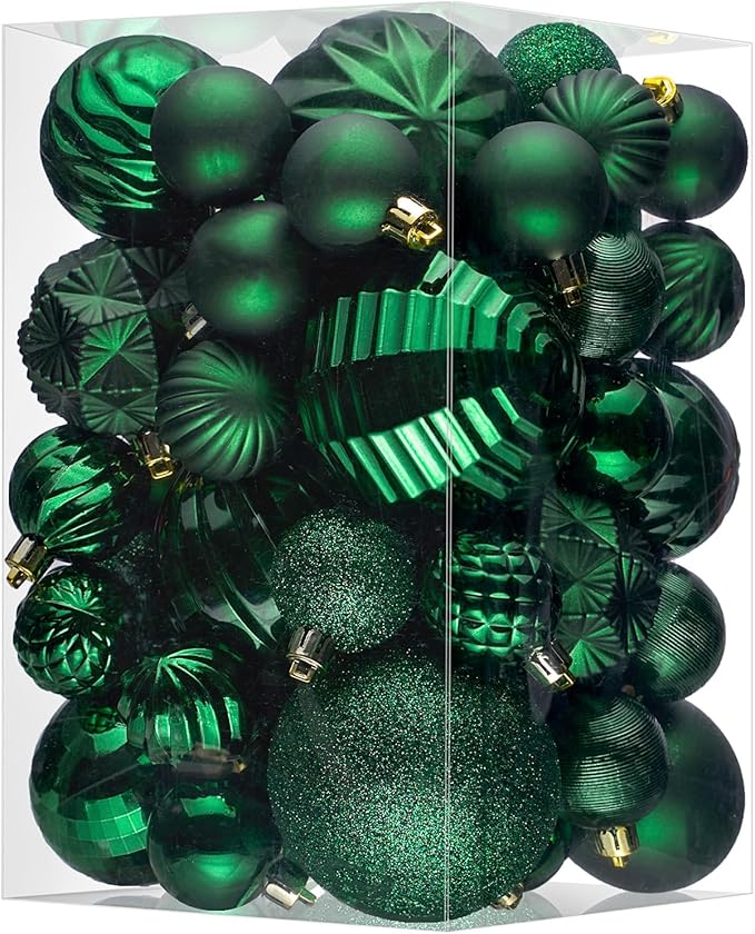 JORNOY Christmas Tree Ornaments Set, 47 Pack Assorted Shatterproof Hanging Balls Decorations, Plastic Bulbs Bulk with Lanyard for Home Holiday Party Decor, 3-Sizes (Dark Green)