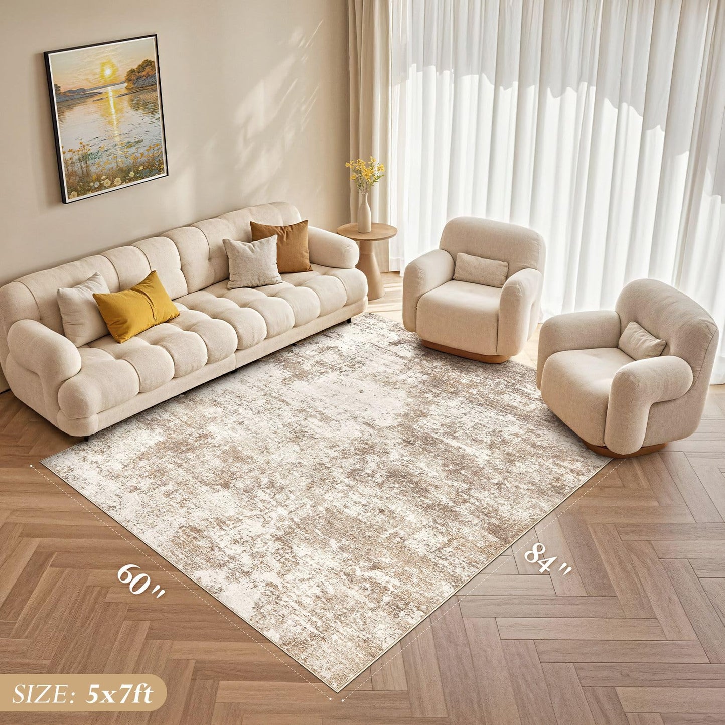 Micgeek Area Rug Living Room - 5X7 Abstract Washable Large Soft Foldable Non Slip Rug Neutral Modern Low Pile Carpet for Bedroom Nursery Dining Room Kitchen Home Office Indoor - Brown