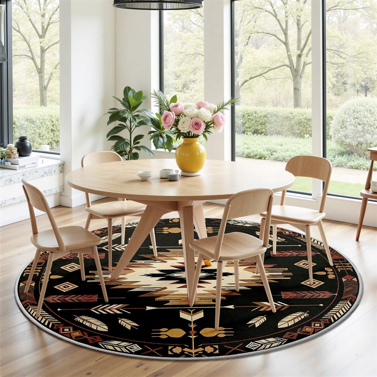 4ft Round Rug, Native American Circle Area Rug, Aztec Navajo Round Rugs for Living Room Bedroom, Indian Southwestern Tribal Circle Rugs for Dining Room Entryway Dorm, Washable Non-Slip Floor Mat