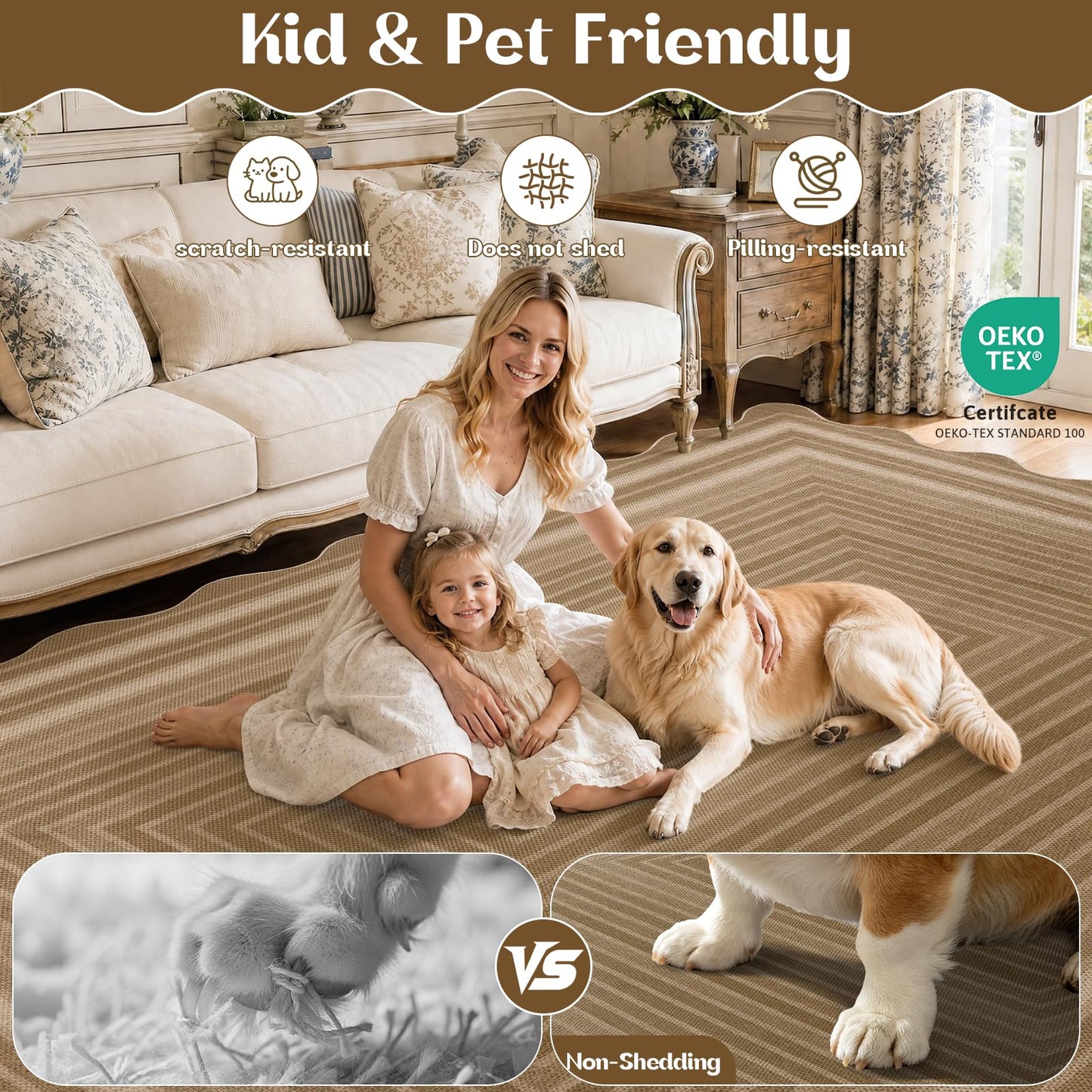 Yamaziot Washable Indoor Outdoor Rug 8x10, Scalloped Geometry Faux Tan Jute Outdoor Carpet Non Slip Modern Woven Textured Patio Rug for Backyard Balcony Deck, White