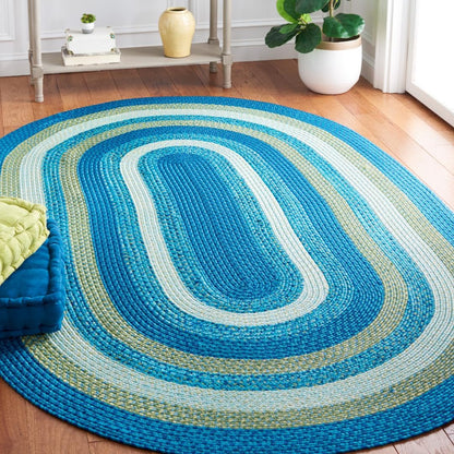 SAFAVIEH Washable Rug Outdoor Braided Collection - 4' x 6' Oval, Aqua & Green, Handmade & Reversible, Non-Shedding & Easy to Clean, Ideal for Patio, Backyard, Mudroom (BRA230J)