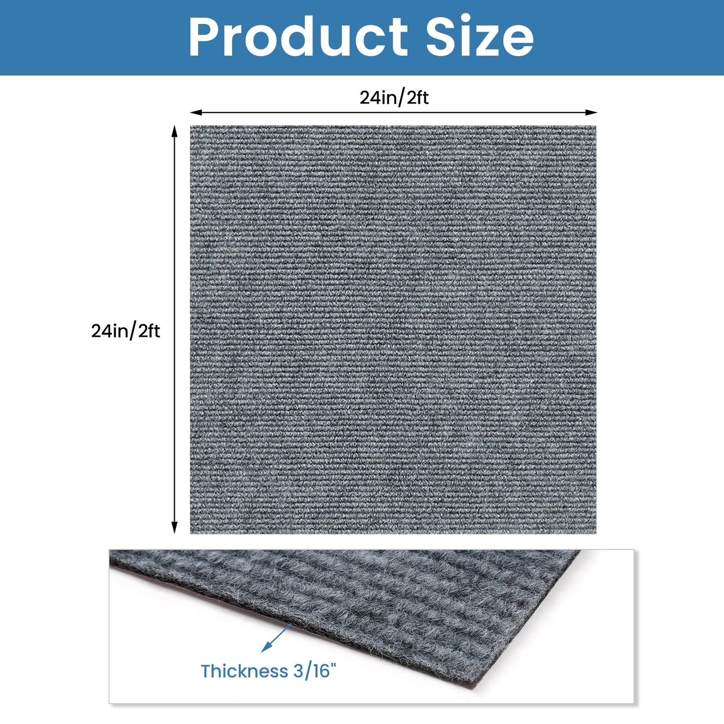 24" x 24" Carpet Tiles Peel and Stick 10Pcs (40 Sqft/Box, Light Gray)