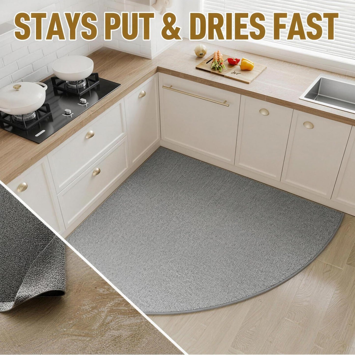 Ciuwuuhe Gray Corner Kitchen Rug, Quarter Circle Rug, Imitation Linen Braided Floor Mat with Rubber Back, Washable Rug for Kitchen Sink Area, Radius 39 Inch