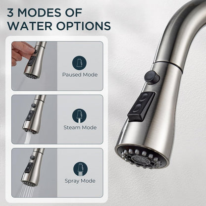 QFN Kitchen Faucet with Pull Down Sprayer Brushed Nickel, High Arc Single Handle Single Level Stainless Steel Pull Out Sink Faucet for Farmouse Camper RV Bar, Fit for 1 or 3 Hole
