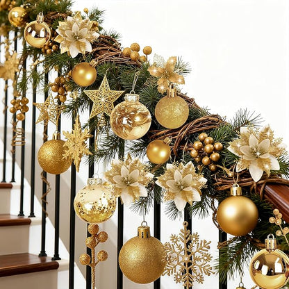 76Pcs Christmas Tree Decorations Set, Gold Assorted Ornaments with Large Shatterproof Plastic Balls, Star Tree Topper, Glitter Berries Stems, Ribbon for Indoor Garland Home Holiday Wedding Decor