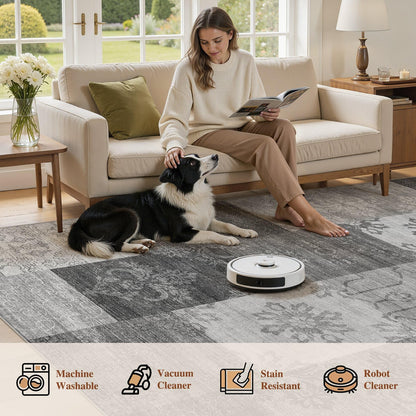 UERMEI 8x10 Area Rug Washable, Gray Modern Geometric Rugs for Living Room, Non-Slip Patchwork Carpet, Stain Resistant Low-Pile Foldable Rug for Bedroom Dining Room