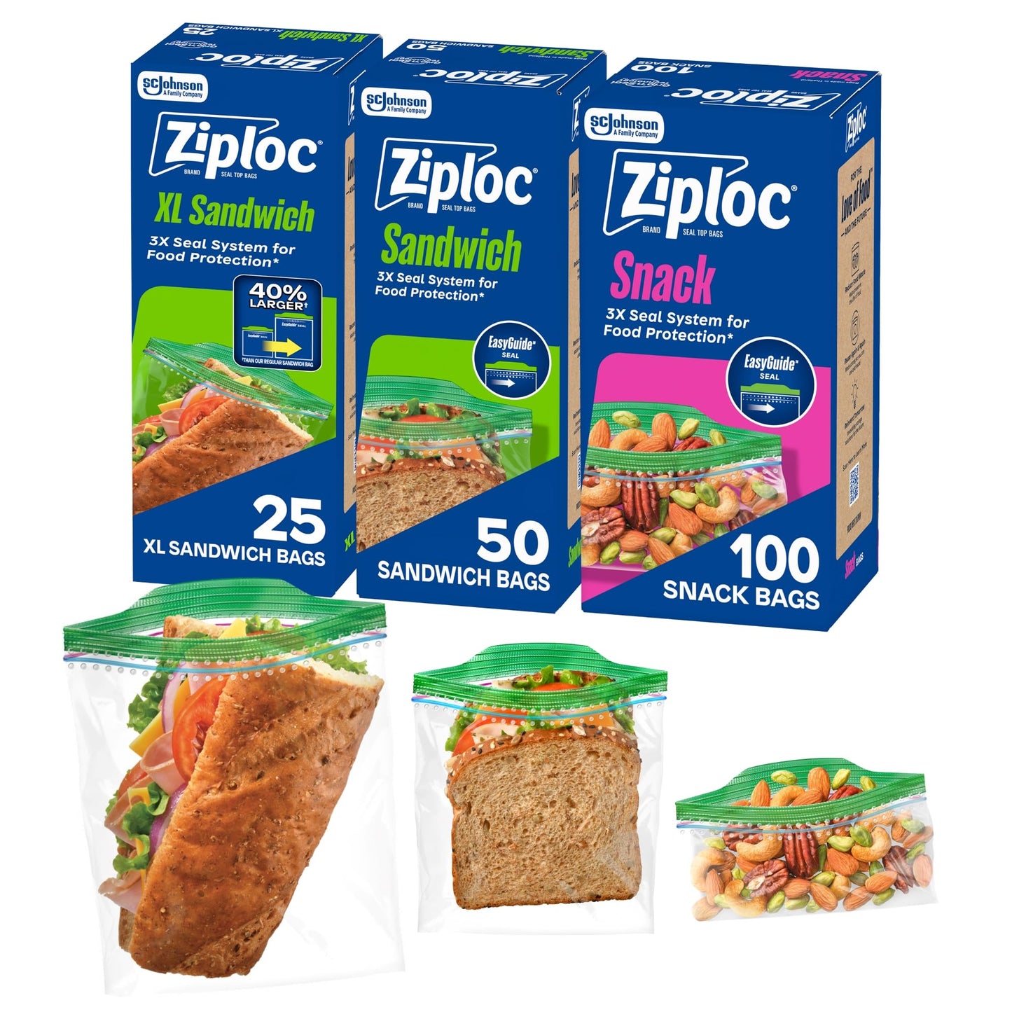 Ziploc 175 Count Sandwich and Snack Bags with EasyGuide Texture, Plastic Storage Bags with Grip 'n Seal Technology