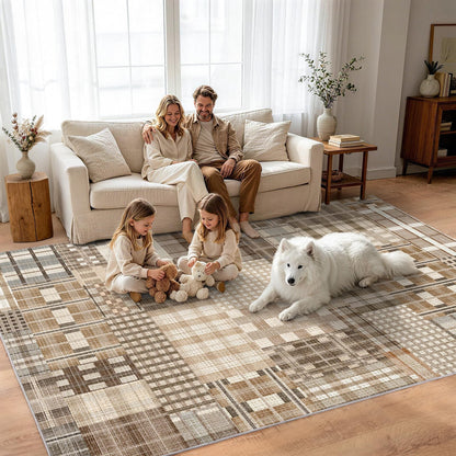 Rezutan Washable Rug 4x6 Plaid Rugs for Bedroom Non-Slip Neutral Floor Mat Indoor Soft Carpet Low Pile Foldable Thin Rugs for Living Room Dining Nursery Office, Caramel Beige Brown Gray