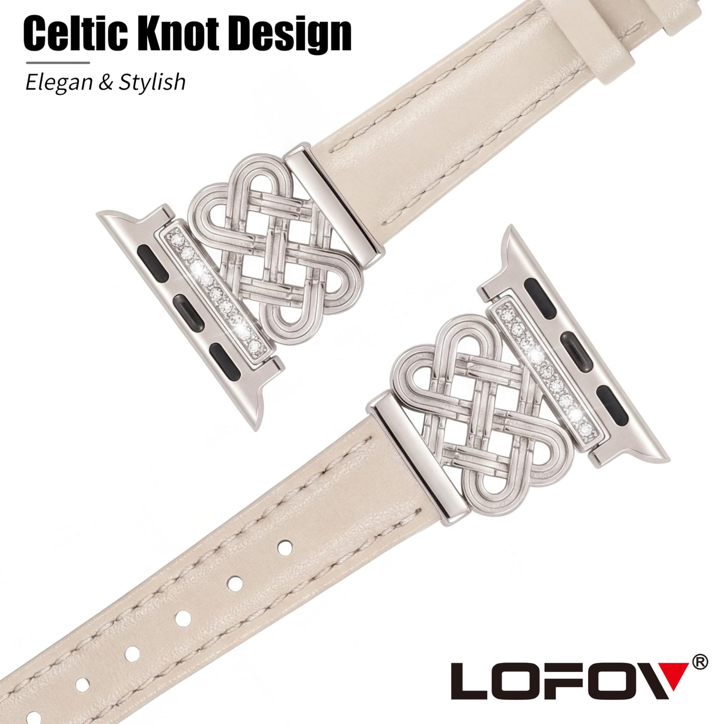 LOFOV Compatible with Apple Watch Bands Women 38/40/41/42mm Dressy Slim Leather Strap with Designer Celtic Knot Interlock Buckle Bracelet for iWatch Series 11 10 9 8 7 6 5 4 SE 3 2 1 (Starlight)
