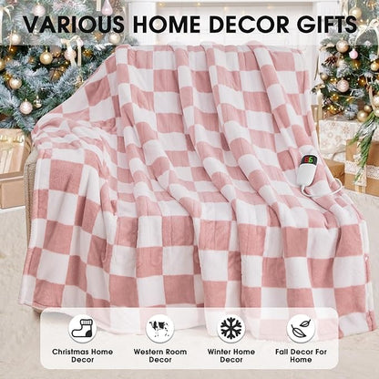 Light Pink Heated Blanket Electric Throw, 50X60 Heating Blanket with 10 Heat Levels & 8 Hours Auto Off for Lap, Checkered Plaid Soft Sherpa Blankets Warmer Gifts for Couch Grandma Women Adults