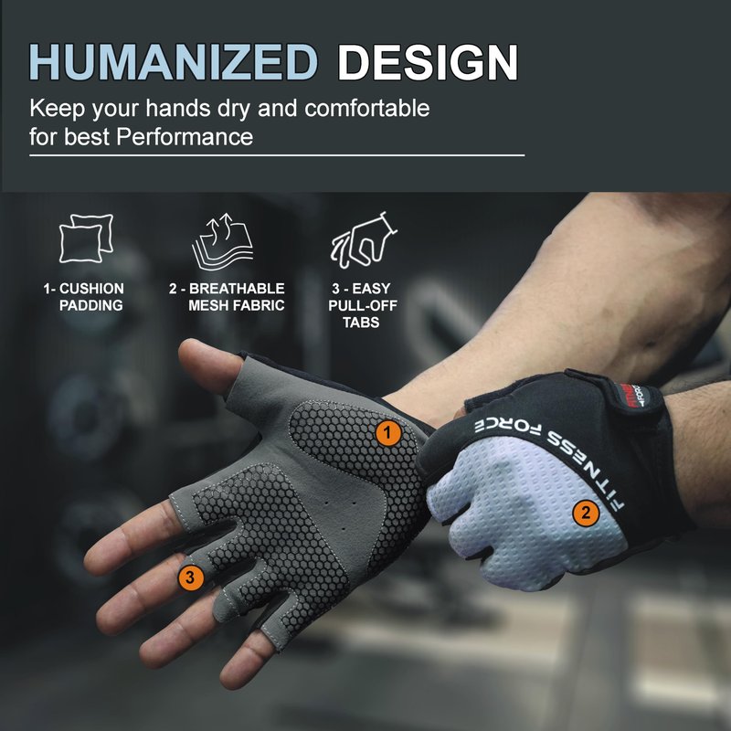 FITNESS FORCE Breathable Workout Gloves for Men and Women, Padded Weight Lifting Gloves with Full Palm Protection for Grip, Exercise, Cycling, Gym, Fitness Training (Blue, Medium)