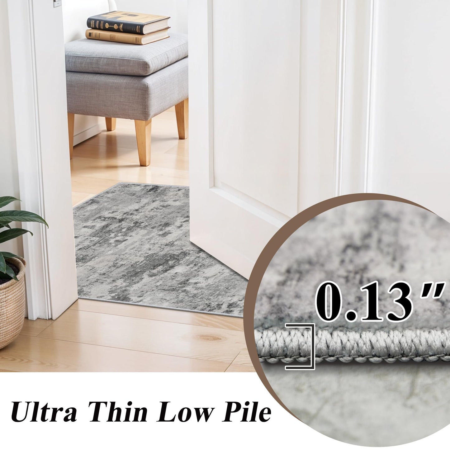 Abstract Washable Area Rug 5x6: Modern Neutral Rugs Non Slip Backing for Living Room Bedroom - Soft Low Pile Easy Clean Thin Indoor Carpet - Home Essential for Elderly Kids Pets Family 5x6 Black Grey