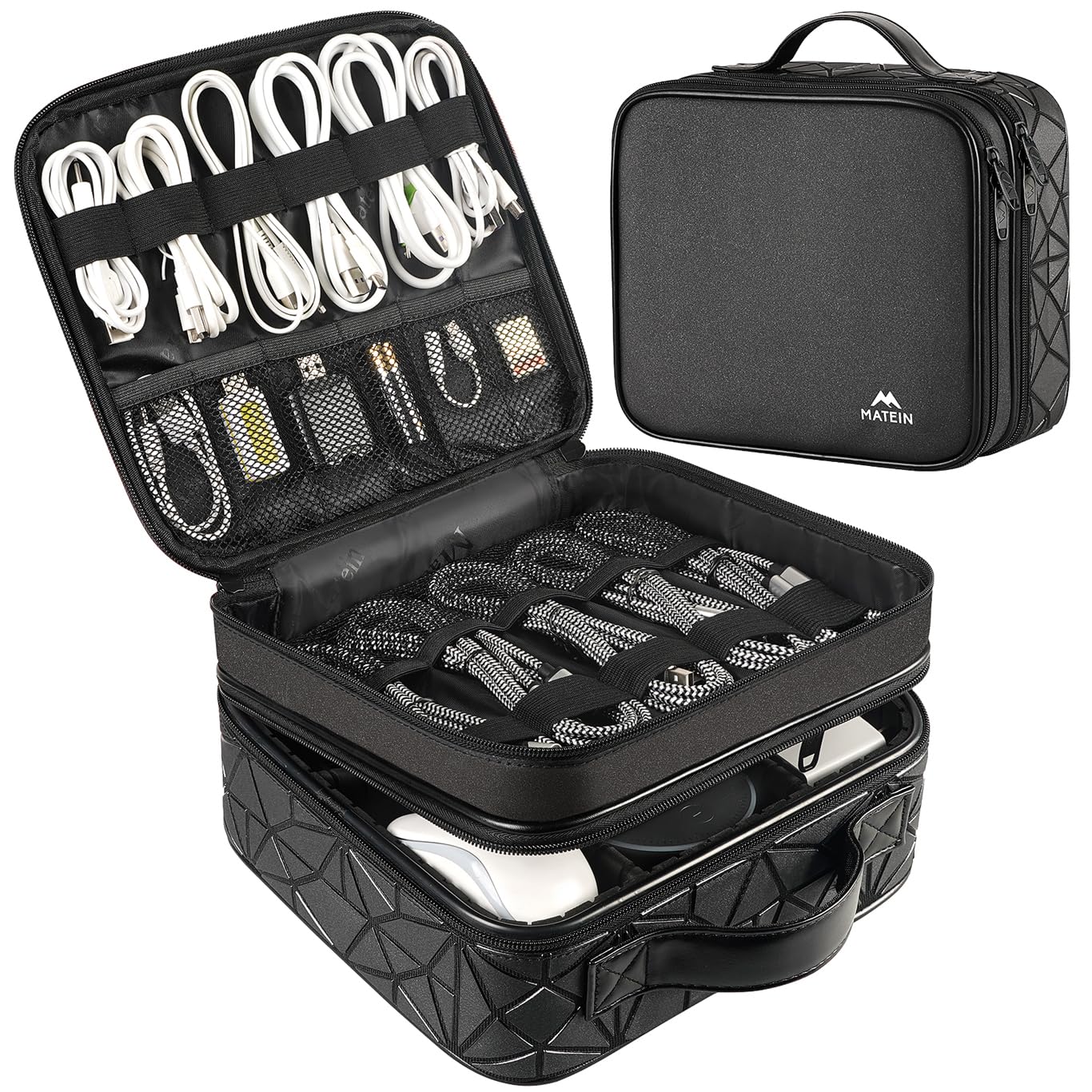 MATEIN Cable Organizer Bag, Waterproof Travel Electronic Storage with Adjustable Divider, Shockproof Portable Double Layer Tech Bag Carrying Case for Cord, Earbuds, Charger, SD Card, DJ Gifts, Black