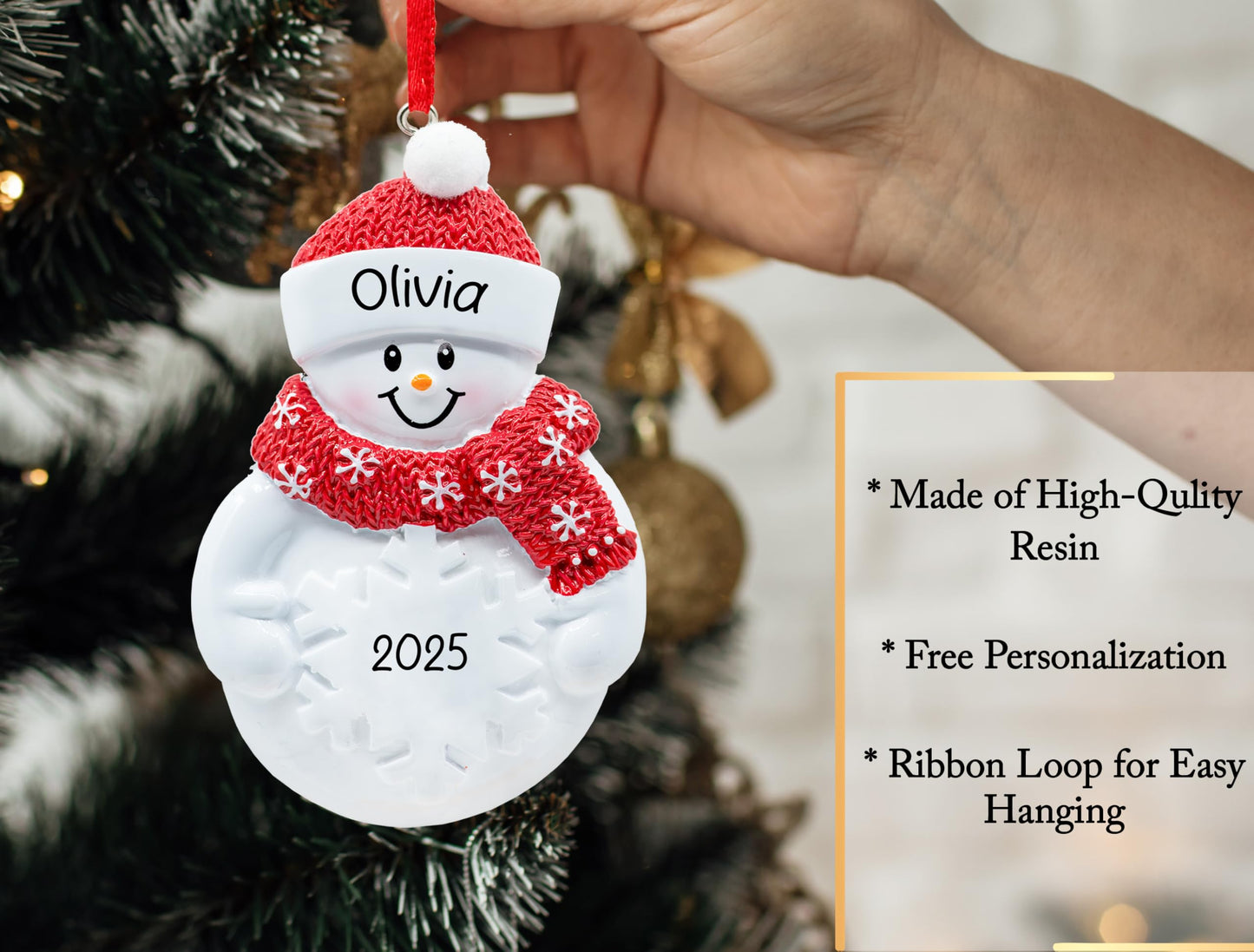 UniqXmas Personalized Snowman Figurine Christmas Ornament 2026 - Free Customization | Snowman with Snowflake Red Santa Hat & Scarf for Xmas Tree | Unique Keepsake - Custom Name & Year