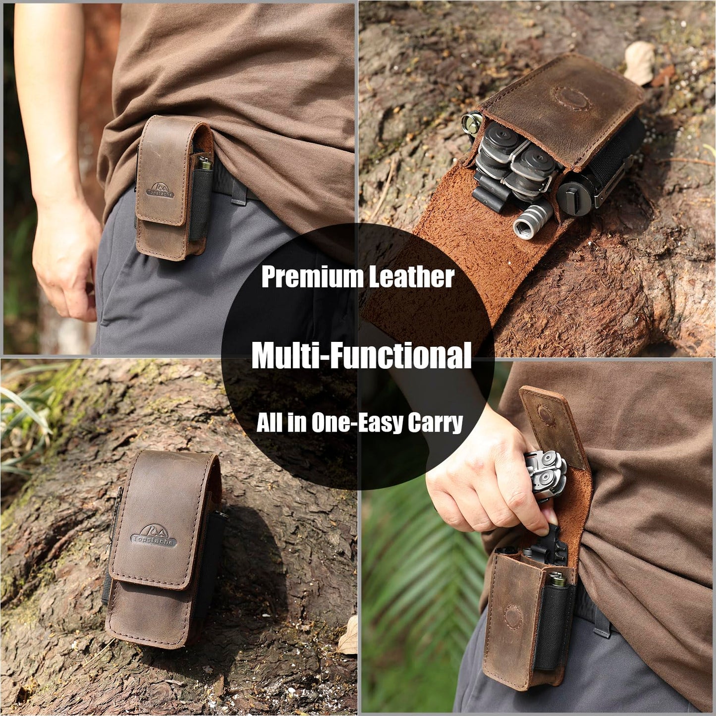 Topstache Multitool Sheath for Men - Belt Leather Multitool Holster - EDC Belt Organizer for Leatherman, Gerber - Magnetic Closure Multitool Pouch Fits Folding Tool, Darkbrown