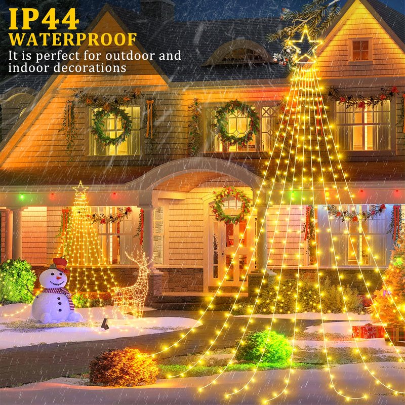 Nielfoi 12FT 344 LED Christmas Tree Lights, Plug in Waterfall String Lights with Topper Star, Waterproof 8 Modes Outdoor Christmas Decorations for Indoor Patio Yard Lawn Party, Warm White