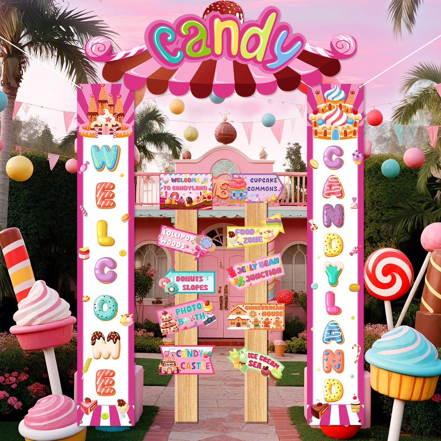 Candyland Party Decorations Welcome Candyland Door Banner Porch Sign Lollipop Paper Cutouts Sweet Candy Theme Party Supplies for Kids Candy Land Birthday Baby Shower Halloween Christmas Decor