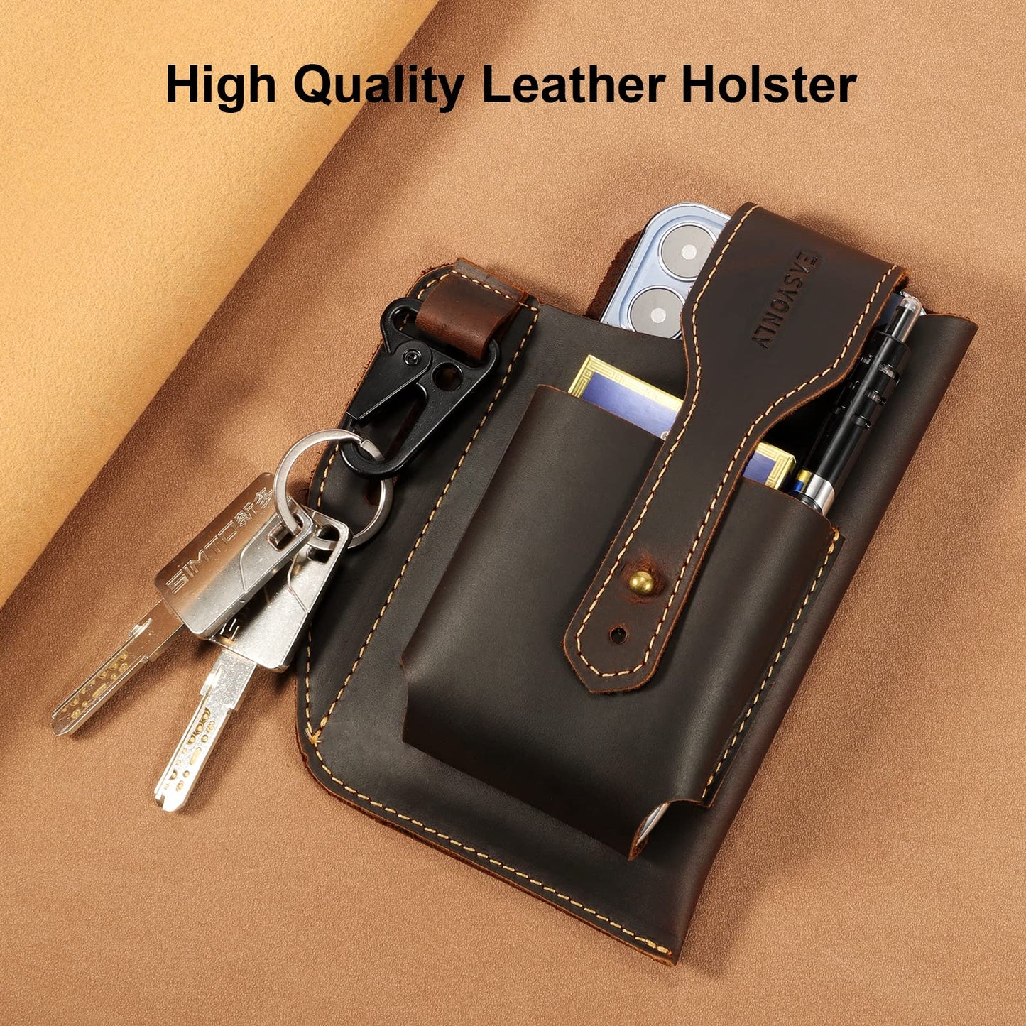 Genuine Leather Phone Holster,Universal Cell Phone Case with Snap Closure & Belt Clip, Leather Pouch for iPhone 16/15/14 Pro Max & Samsung Galaxy S24/S23 Ultra,Universal Belt Pouch for Men with Case