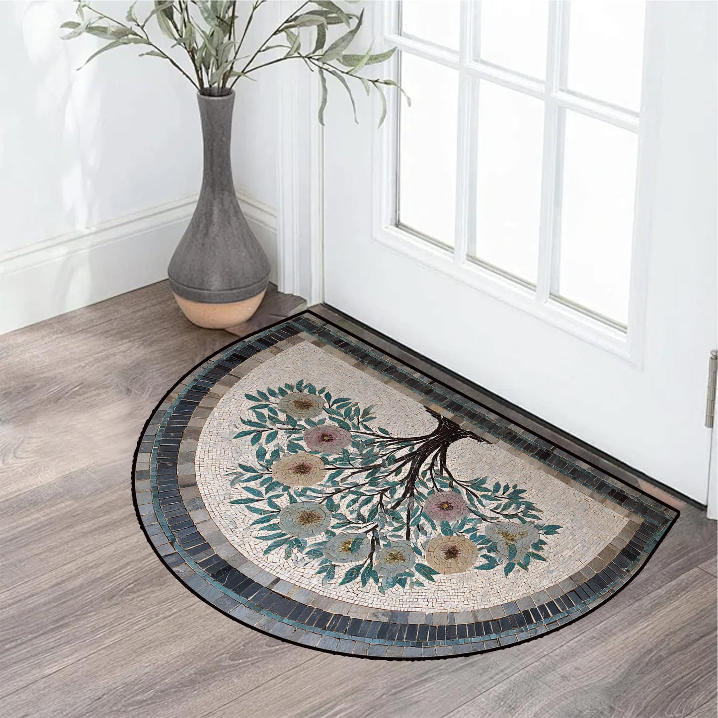 NYZE Semi Circle Door Mat Half Round Welcome Mat Non Slip Low-Pile Absorbent Half Circle Entryway Rug for Bathroom Bedroom Laundry Room(Blossom Tree, 24"×36")