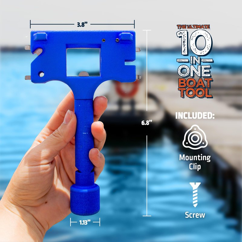 Boat Gadget 10-in-1 Boat Tool, Blue - Must-Have Boat Accessory with Gas Cap Key, Fishing Line Cutter, Bottle Opener, Whistle & More - Smart Addition to Any Boat Tool Kit for Fishing, Boating & Fun