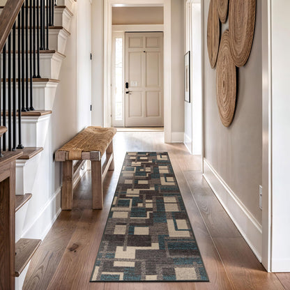 Rugshop Contemporary Geometric Power Loomed Indoor Runner Rug, Cool Slate Abstract Rectangle Design, Non-Slip Backing, Living Room Bedroom Home Office, Easy-Care Spot Clean, 2' x 12' Blue
