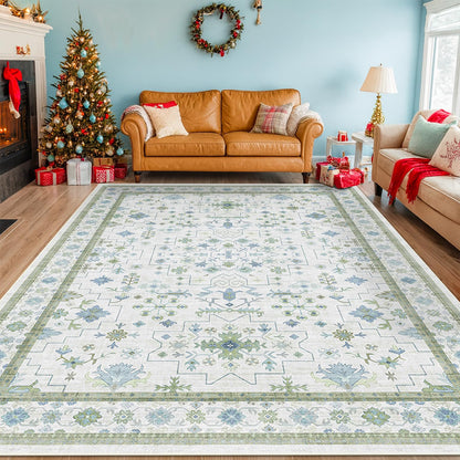 Hazo Haus Blue and Green Living Room Rug 8x10 - Cream Oushak Vintage Boho Floral Farmhouse, Washable Low Pile Non-Slip Extra Large Area Rugs for Bedroom, Girls, Boys, Playroom, Lounge