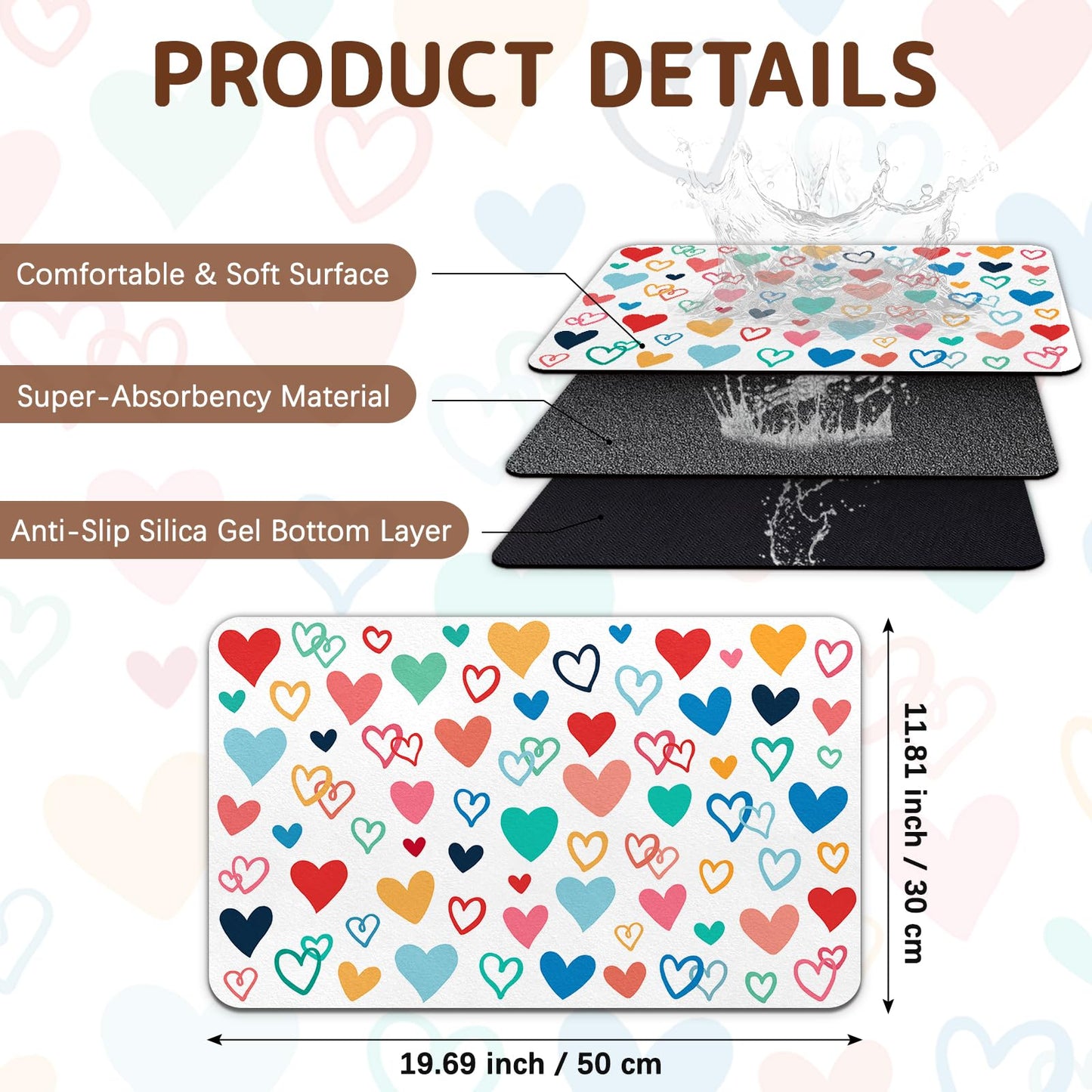 Dog Food Mat for Bowls, Absorbent Quick Dry Dog Cat Mats for Food and Water, Non-Slip Backing Pet Mat Pet Supplies - Heart Pattern