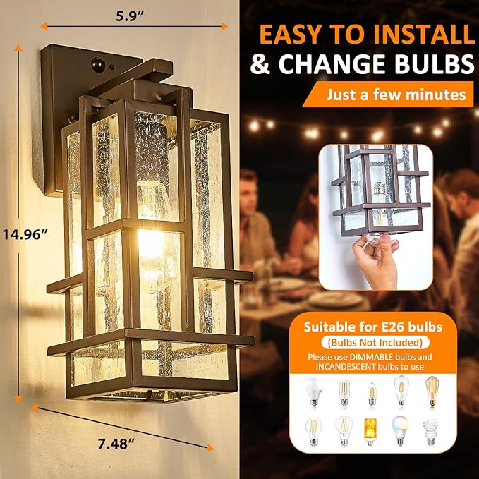 Motion Sensor Outdoor Wall Light Fixture, Dusk to Dawn Porch Light Oil Rubbed Bronze Exterior Lighting with Seeded Tempered Glass, Waterproof Outside Wall Mount Coach Lamp for House, Patio, Garage