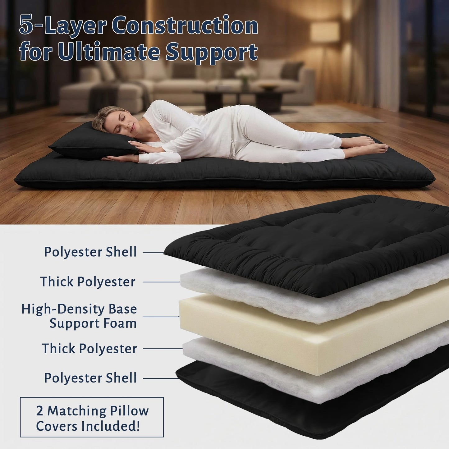 Cosovia Japanese Floor Mattress Futon Mattress, 3.5 Inch Thick Foldable Roll Up Tatami Mat with 2 Pillow Covers, Full Size Floor Bed for Guest Room Dorm Camping Kids, Black