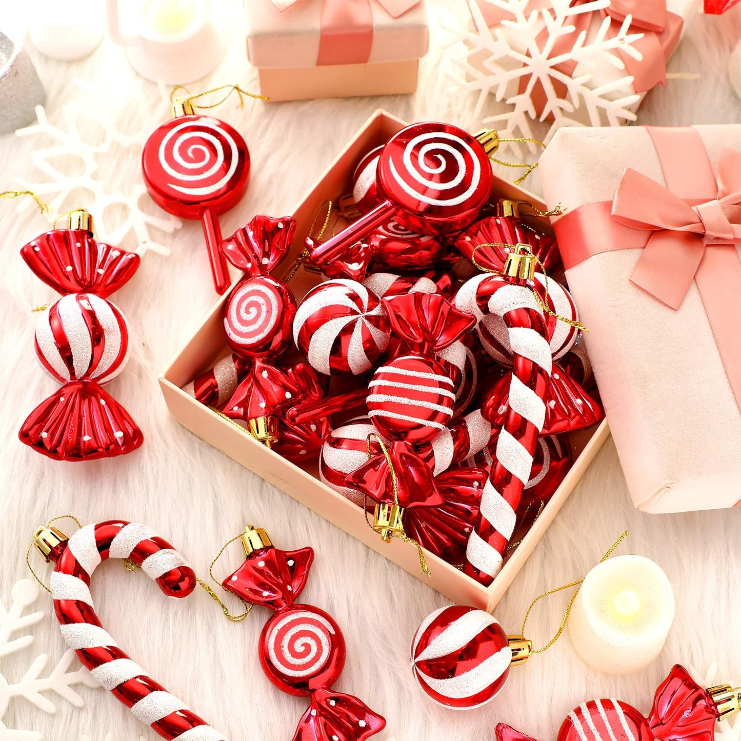 Liliful 30 Pcs Christmas Candy Cane Lollipop Ornaments Set Plastic Holiday Peppermint Candy Home Hanging Ornament Lollipop with Rope for Xmas New Year Party Decor(Red White)