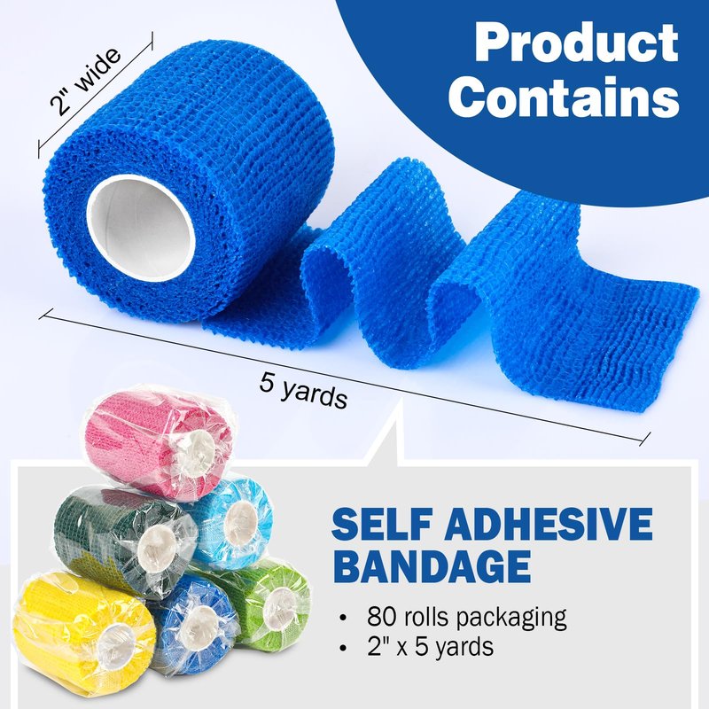 AZEN 80 Pack Self Adhesive Bandage Wrap, 2" X 5 Yards Elastic Cohesive Bandage Wrap, Color Athletic Tape, Vet Wrap, Ankle Tape, Tattoo Grip Tape Wrap